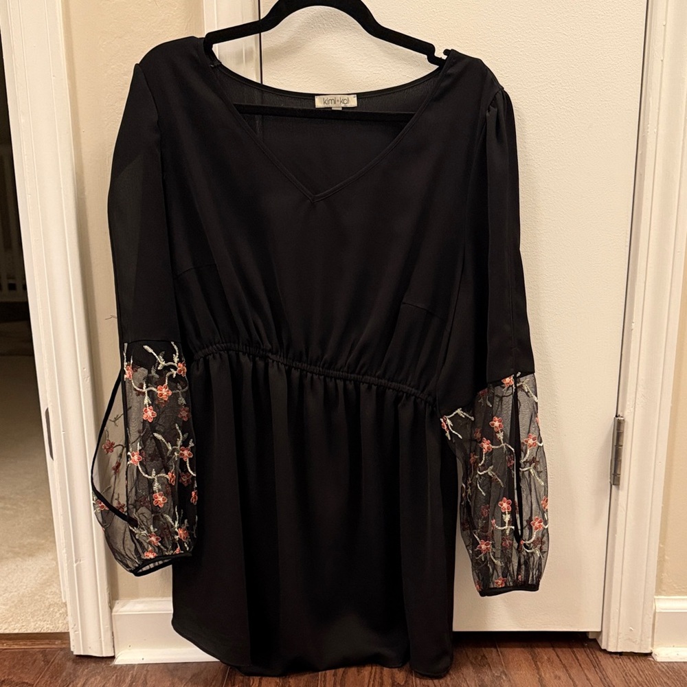 Black Dress with Floral Mesh Sleeves
